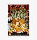 Srila Prabhupada at Rathayatra Festival Playing Kartals on Yellow  Vyasasana in front of Big Panca-Tattva Painting