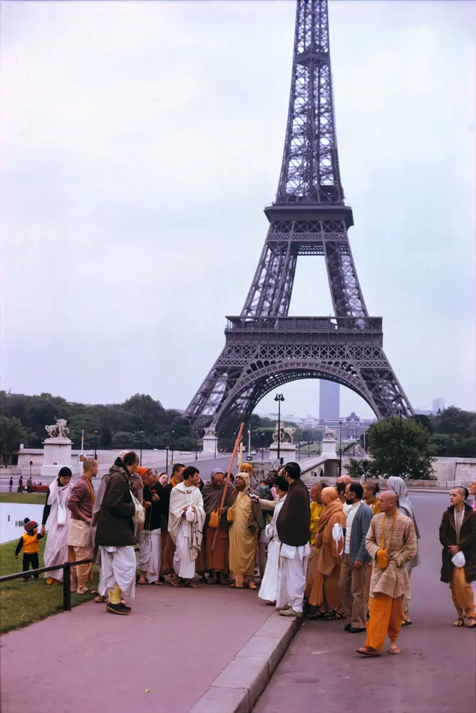 Prabhupada Morning Walk in Paris, France With Disciples on Iconic Bridge over River  Seine