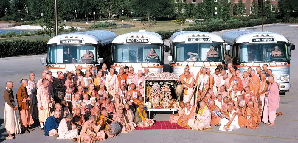 Prabhupada With Radha Damodar Travelling Sankirtan Party Devotees and Busses