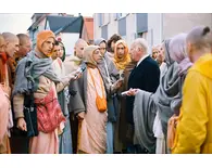 Prabhupada on Morning Walk with Distinguished Guest