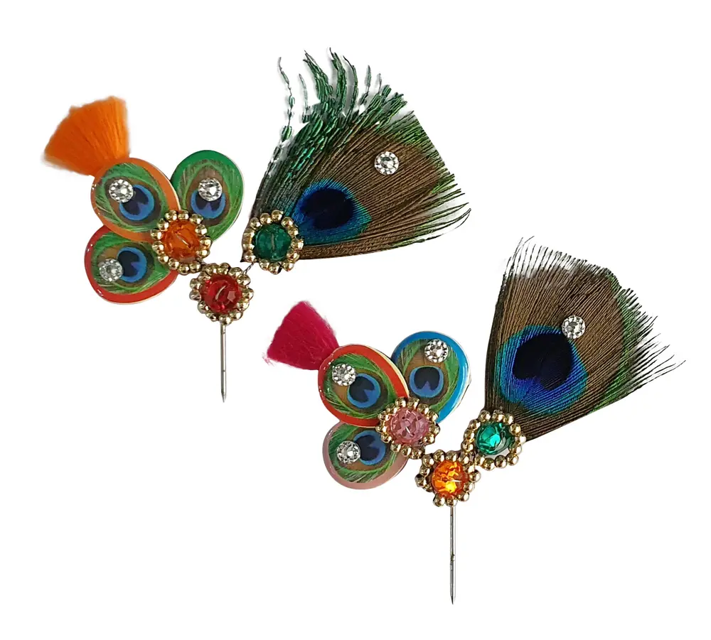 Deity Crown Decorative Pins with Peacock Feather & Multiple Colorful Diamonds