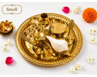 Small Aroti Set (8-9" tray with Bell, Incense Holder, Flower Tray, Conch, Ghee Lamp)