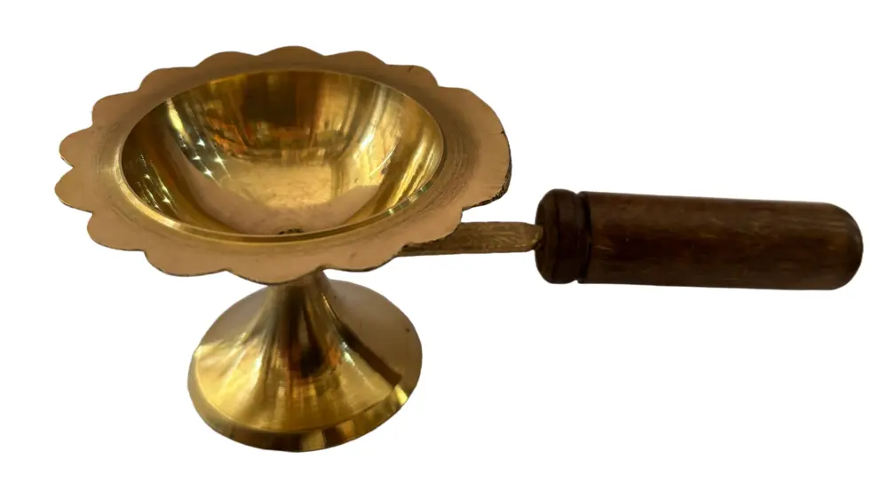 Multipurpose Arati Lamp Stand -- Brass with Wooden Handle