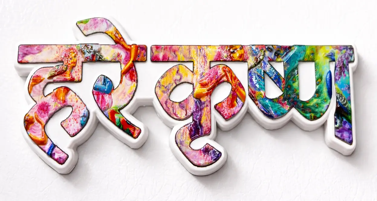 Mero (My) Vrindavan Fridge Magnet - Big Letters with Krishna Pictures in Letters - Sanskrit / Hindi