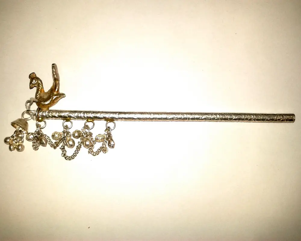 Krishna\'s Flute -- Silver Peacock With Hanging Bells (6\")