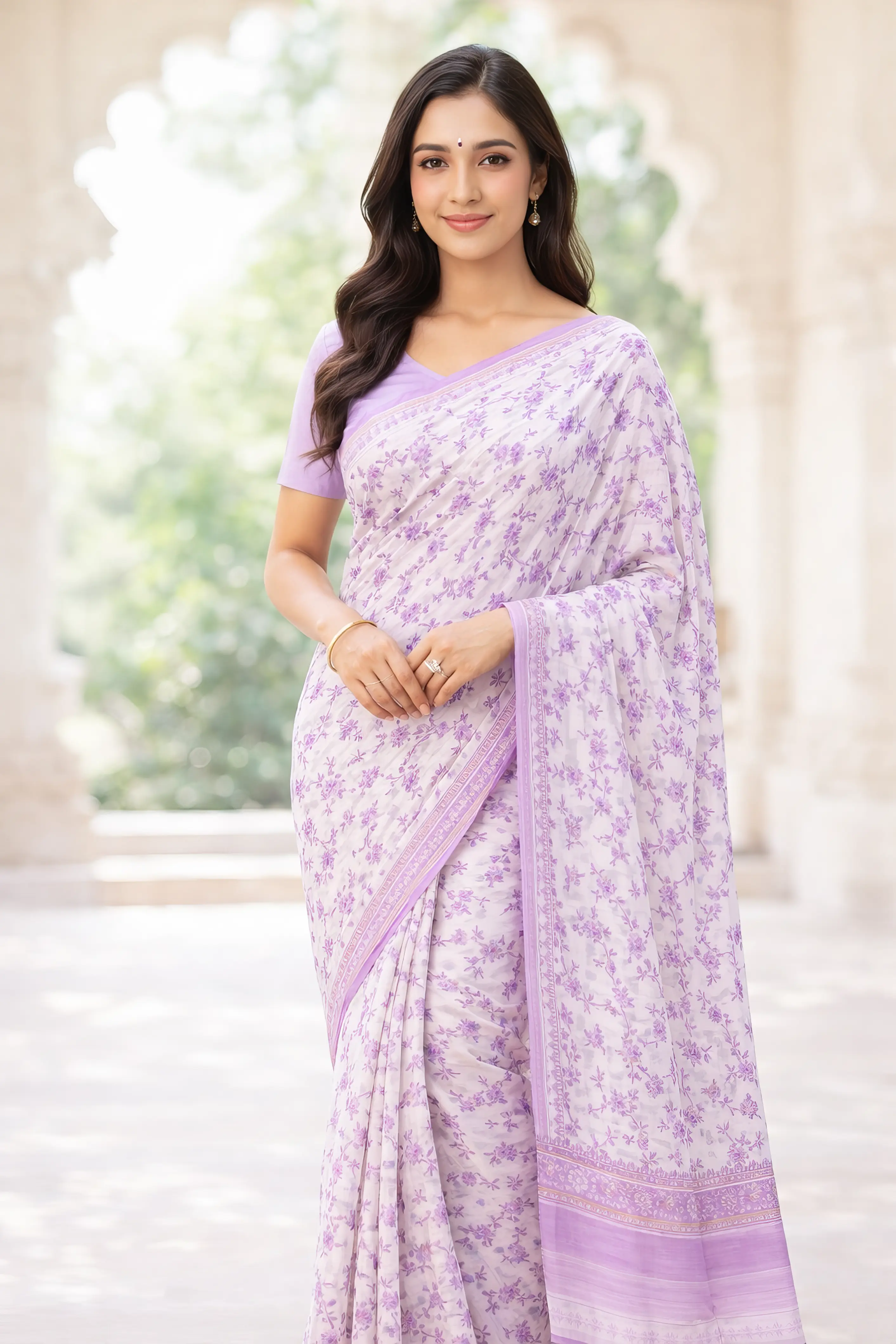 Saloni Sari -- Fine Jute-Cotton, Printed pattern on color background