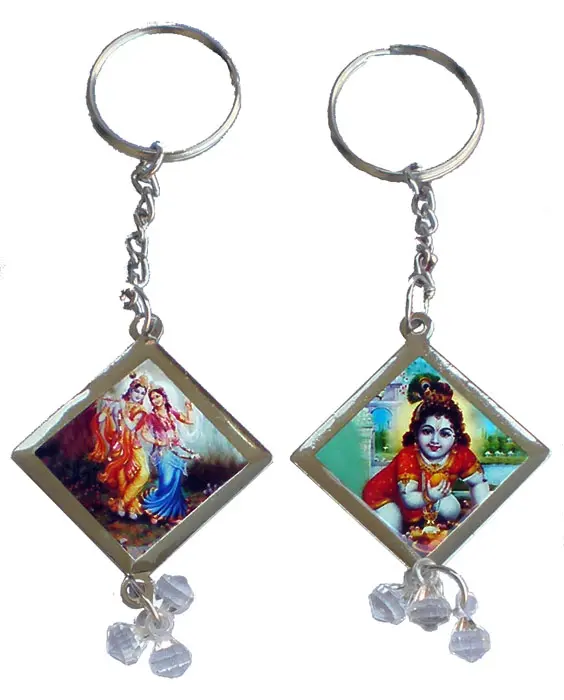 Radha-Krishna Key Chain (Silver Diamond Shaped)