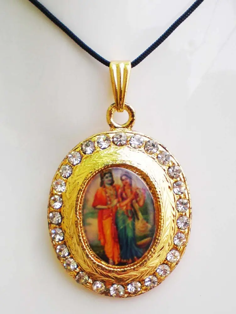 Diamond Picture Pendant with Black Thread - Raised Radha Krishna