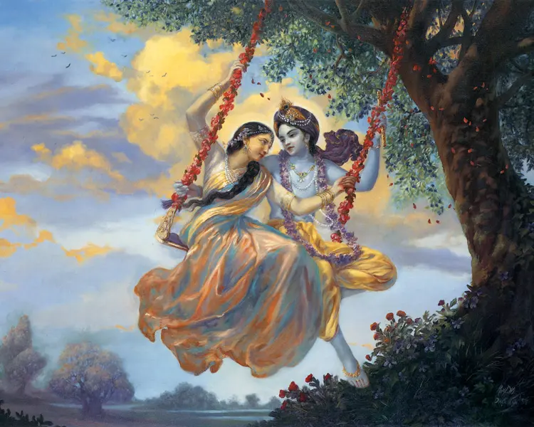 Radha and Krishna on a Swing Looking at Each Other (Pack of 10 Greeting Cards)