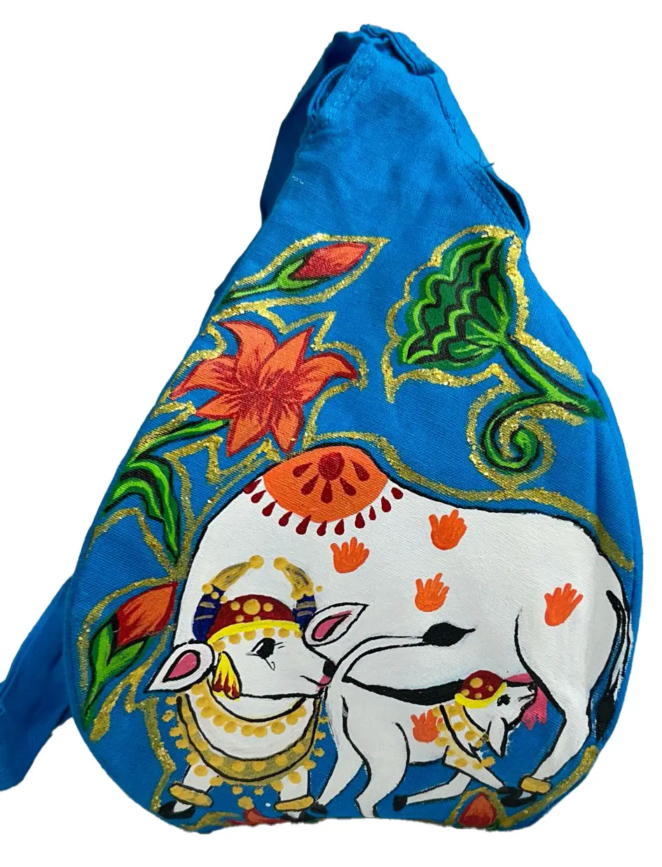 Hand Printed Vrindavan Cow Under Tree Bead Bag
