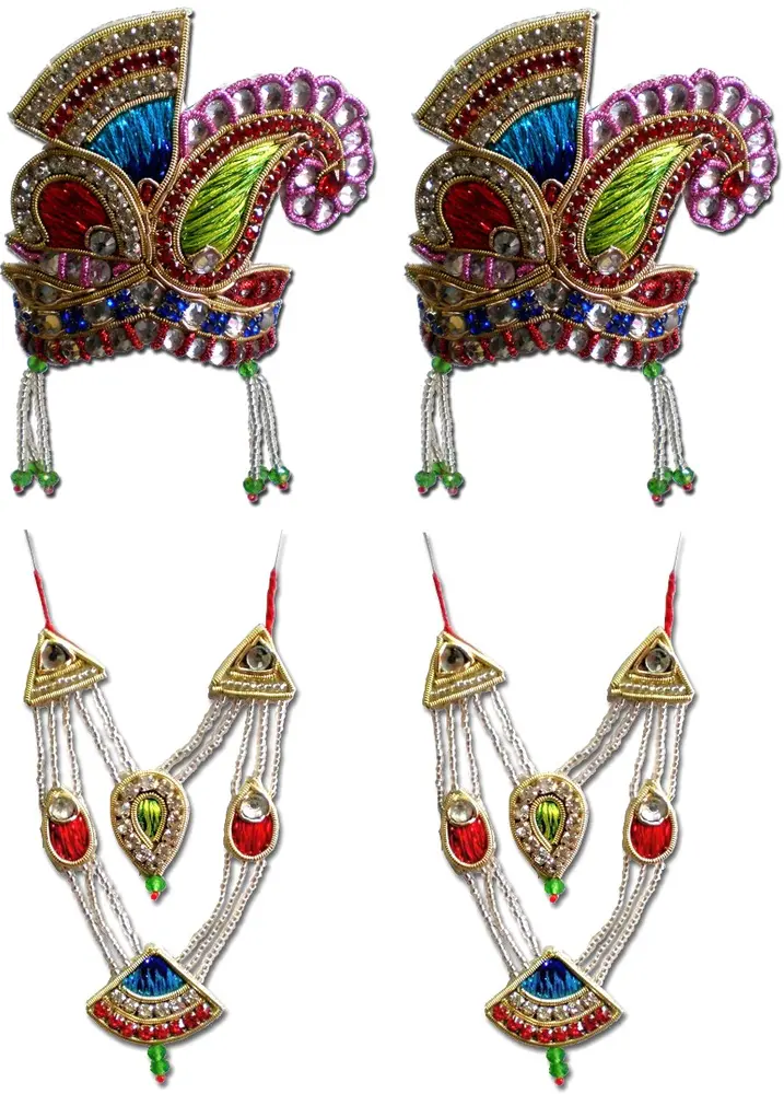 Crown and Necklace Set -- Red, Green, Blue Diamond Thread, Pink Circles (pair)