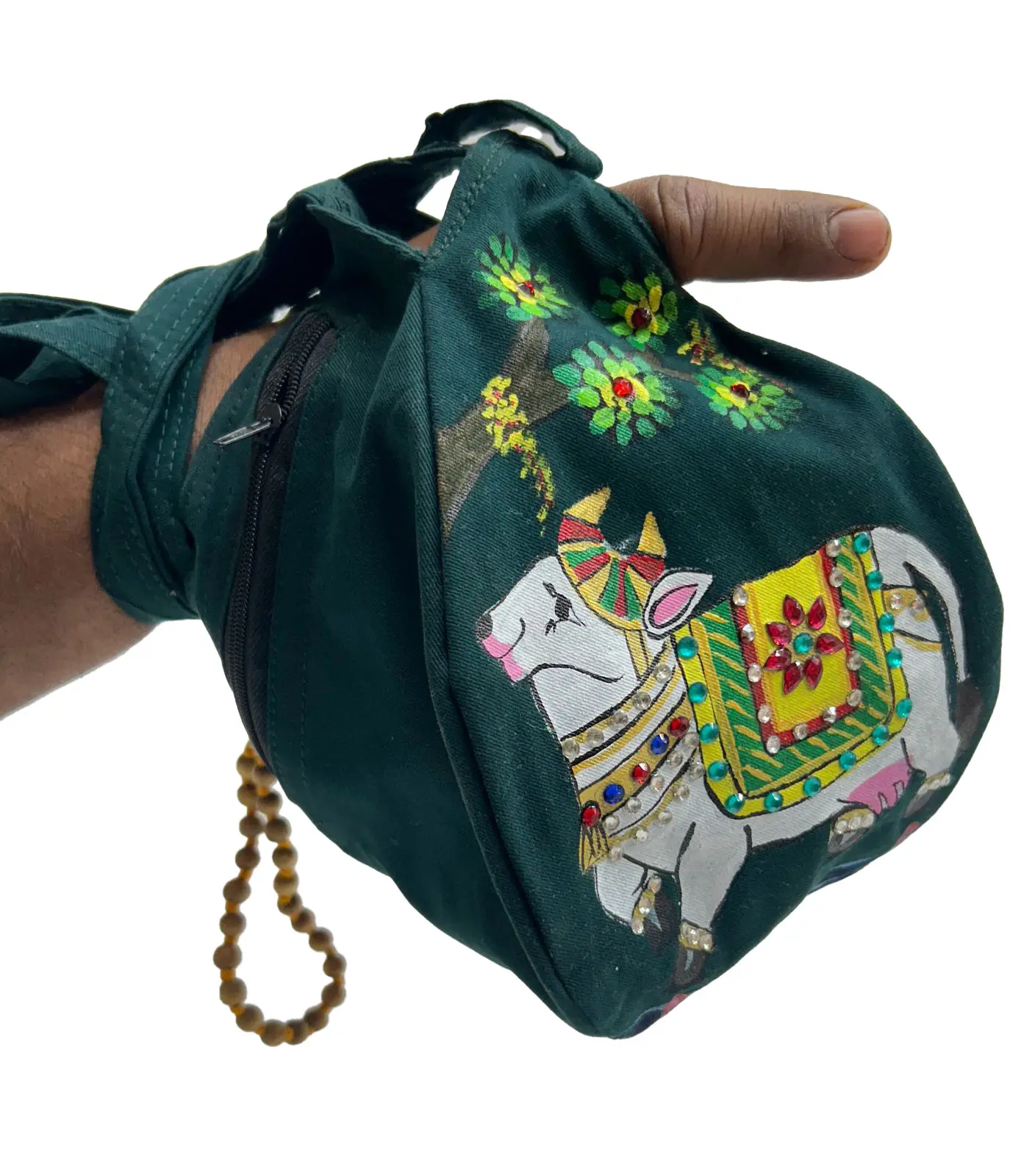 Hand Printed Vrindavan Cow Under Tree Bead Bag