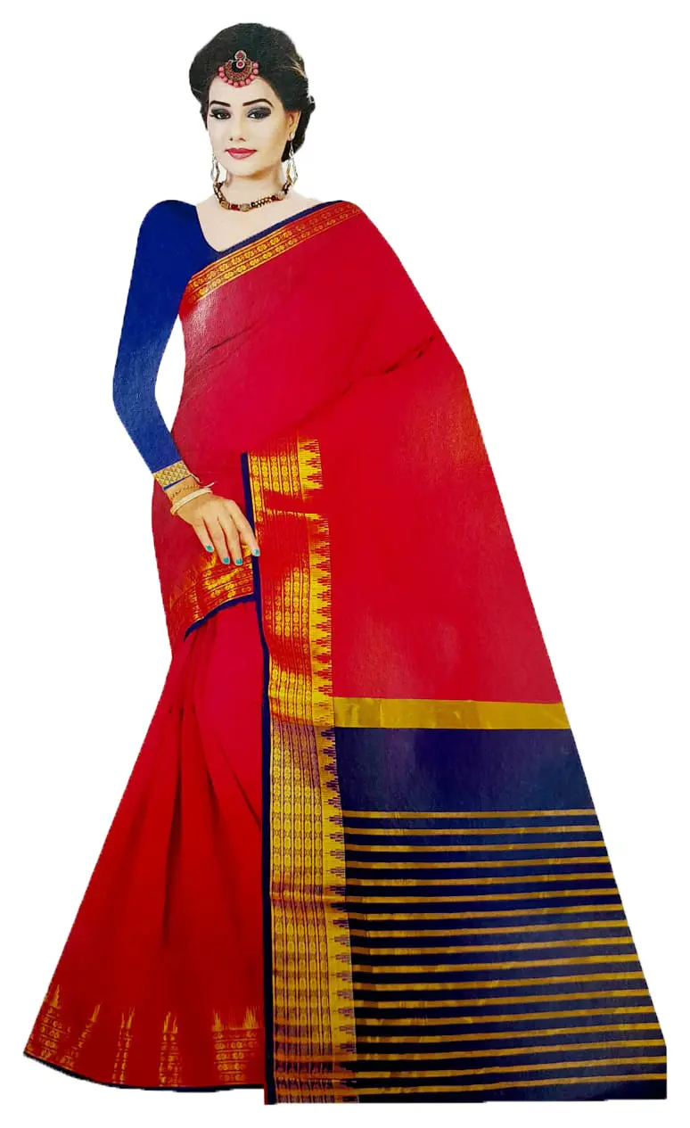 Saloni Sari -- Fine Jute-Cotton, Printed pattern on color background